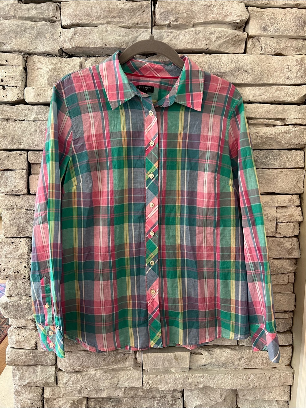 Talbots Medium Petite Classic Pink & Green Plaid Button-Up Shirt